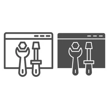 Browser settings line and solid icon. Window with screwdriver and wrench Illustrazione stock