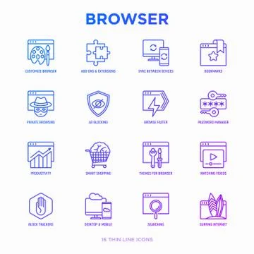 Browser thin line icons set: add-ons, extension, customize browser Stock Illustration