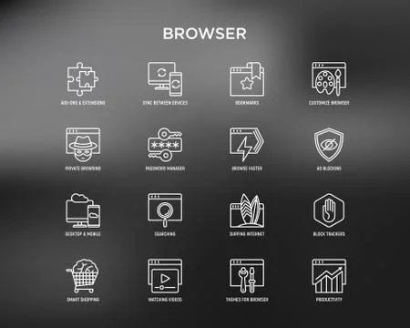Browser thin line icons set: add-ons, extension, customize browser Illustrazione stock