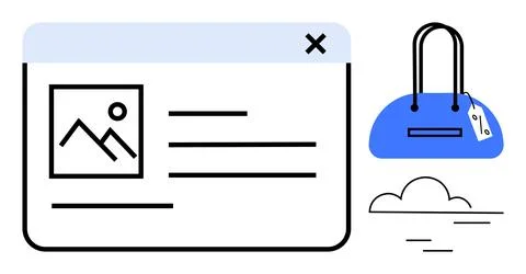 Browser window with image and text, blue handbag with price tag, and cloud ic Illustrazione stock