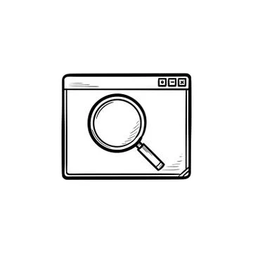 Browser window with magnifying glass hand drawn outline doodle icon. Stock Illustration