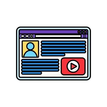 Browser window profile page content video vector outline icon Stock Illustration