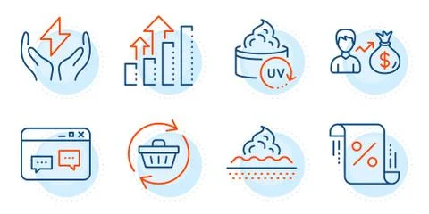 Browser window, Safe energy and Analysis graph icons set. Sallary, Uv protection Stock Illustration