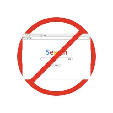 Browser window with search in prohibition sign. Browser banned. Prohibited ban Illustrazione stock