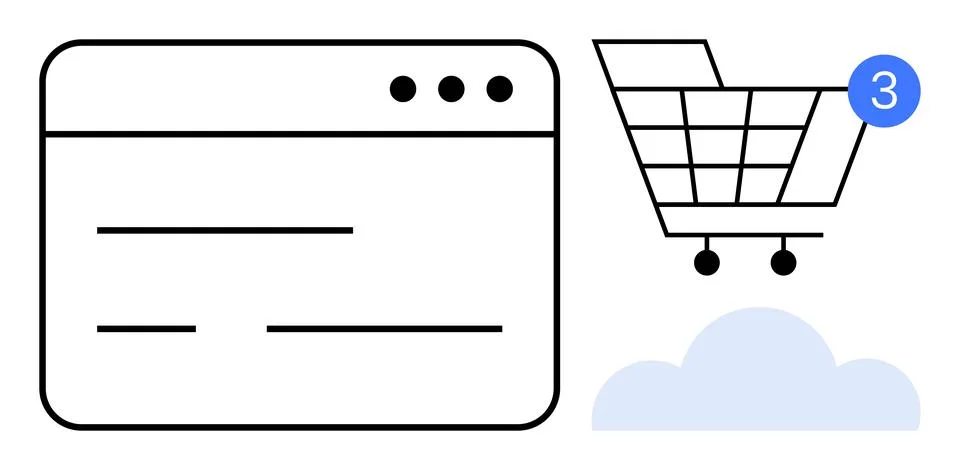 Browser window, shopping cart with notification badge, and cloud element. Ide Stock Illustration