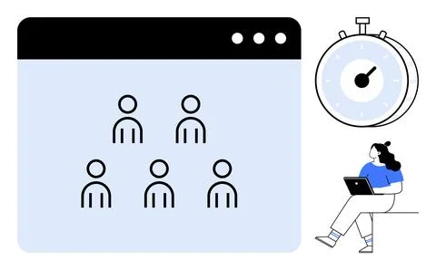 Browser window with team icons. Stopwatch indicating time management. Woman s Illustrazione stock
