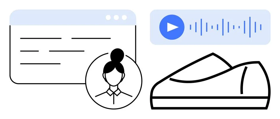 Browser window with user profile, playback button with audio waves, and sleek Stock Illustration