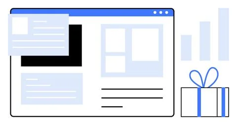 Browser window with web elements, including text blocks, images, and sidebar. イラスト素材