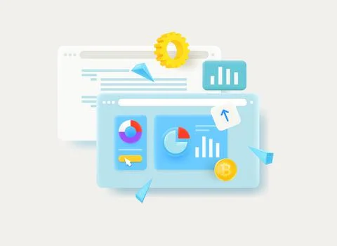 Browser windows with different charts. 3d vector illustration イラスト素材