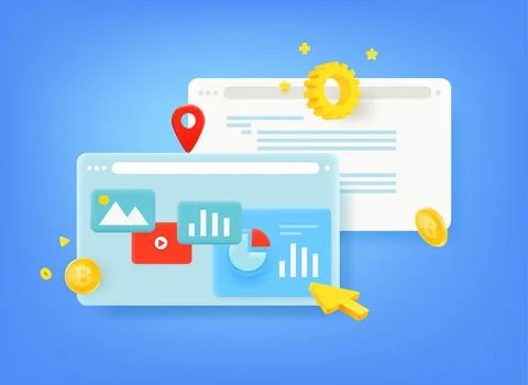 Browser windows with different charts. Internet business concept. 3d vector i Stock Illustration