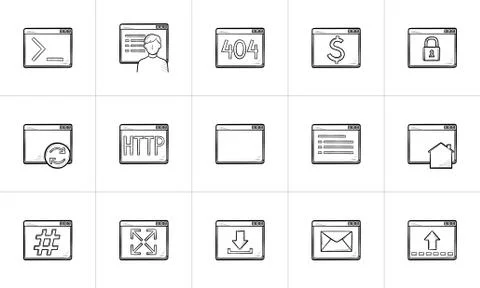 Browser windows hand drawn outline doodle icon set. Stock Illustration