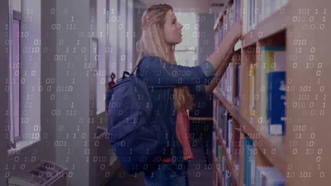 Browsing books in library, woman with binary code animation overlay Stock Footage 303878090