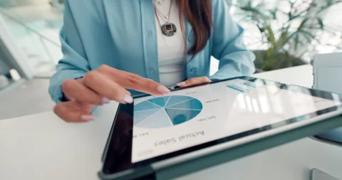Browsing, data or hands with tablet, office and checking campaign performance on Stock Footage 318544932