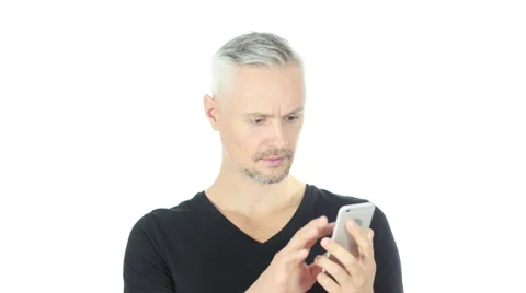 Browsing Online on Phone, Middle Aged Man, White Background Stock Footage