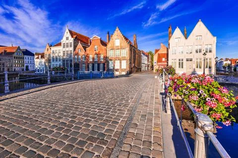 Bruges, Belgium. Beautiful Spiegelrei Canal houses, Flanders famous city. Stock Photos