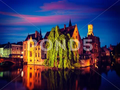 Bruges Brugge famous view, Belgium Stock Photos