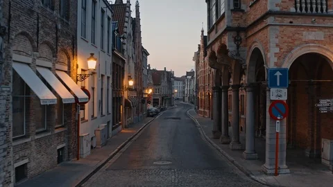 Bruges: movement camera along narrow street with warm lights Stock Footage 124395430