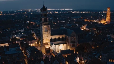 Bruges: night drone view of St. Salvator's Cathedral Stock Footage 124306551