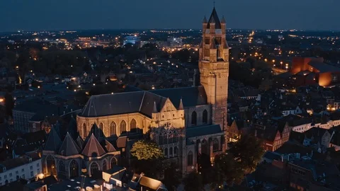 Bruges: night flight over main landmarks Stock Footage 124306361