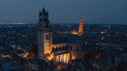 Bruges: night typical view of St. Salvator's Cathedral Stock Footage 124305440