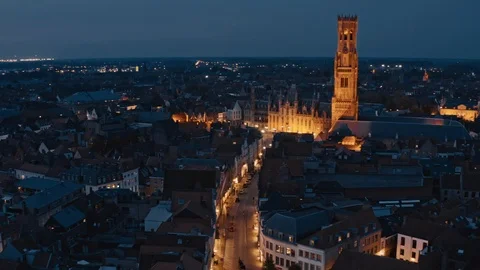 Bruges, night typical view of tower of Belfort Van Brugge Stock Footage 125409426