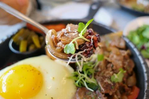 Brunch plating with sunny side up fried egg Stock Photos