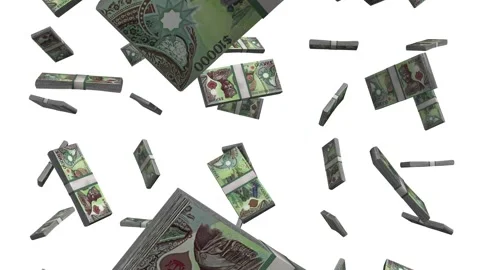 Brunei 10000 Ringgit Falling Animation Stacks Of Money on White Screen Stock Footage 302588599