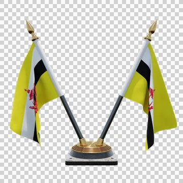 Brunei 3d illustration flag on pole. Wood flagpole 库存插图