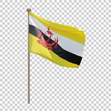 Brunei 3d illustration flag on pole. Wood flagpole Stock Illustration