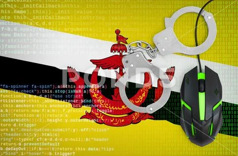 Brunei Darussalam flag and handcuffed computer mouse. Combating computer cri Stock Photos