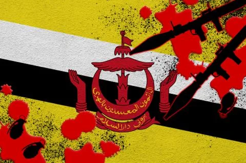 Brunei Darussalam flag and rocket launchers with grenades in blood. Concept f Stock Illustration