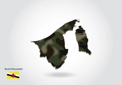 Brunei Darussalam map with camouflage pattern, Forest / green texture in map. Stock Illustration