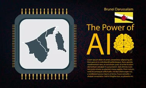 Brunei Darussalam map with microchip war and AI concept on circuit board, P.. Stock Illustration