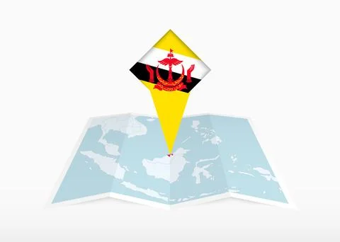 Brunei is depicted on a folded paper map and pinned location marker with fl.. Stock Illustration