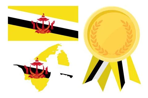 Brunei flag with map and gold medal in set for web and banners or app and gam Stock Illustration