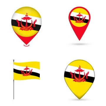 Brunei Flag Map Pin Icons Set Collection. Stock Illustration