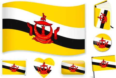 Brunei flag wave, book, circle, pin, button, heart and sticker. Illustrazione stock