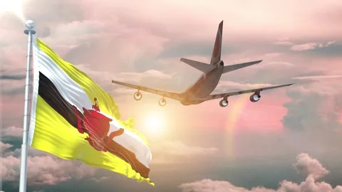 Brunei flag Waving Realistic With Sky Plane Takes Off At Sunrise Stock Footage 294597364