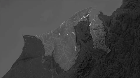 Brunei highlighted on a Grayscale elevation map with lakes and rivers Stock Illustration