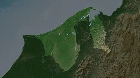 Brunei highlighted on a Pale colored elevation map with lakes and rivers Stock Illustration
