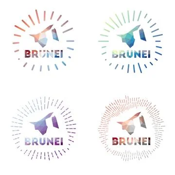 Brunei low poly sunburst set. Logo of country in geometric polygonal style... Stock-Illustration