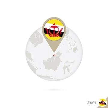 Brunei map and flag in circle. Map of Brunei, Brunei flag pin. Map of Brune.. Stock Illustration