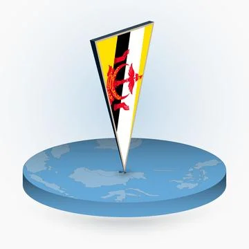 Brunei map in round isometric style with triangular 3D flag of Brunei Stock Illustration
