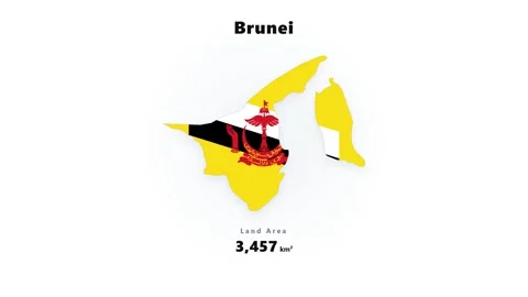 Brunei map silhouette with bright yellow fill, black diagonal stripe, and red Stock Footage 345642450