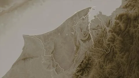 Brunei outlined on a elevation map colored in sepia tones with lakes and rive Stock Illustration