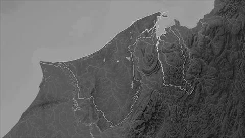 Brunei outlined on a Grayscale elevation map with lakes and rivers Stock Illustration