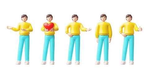 Brunet man standing in presenting pose, showing heart, pointing and thumb up Stock Illustration