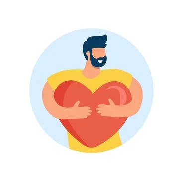 Brunet tiny man hugs takes big heart single with smile and beard. Fall in love Stock Illustration