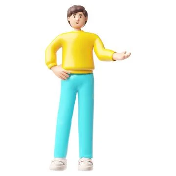 Brunette man standing in presenting pose, explaining, showing, pointing hand, 3D Illustrazione stock