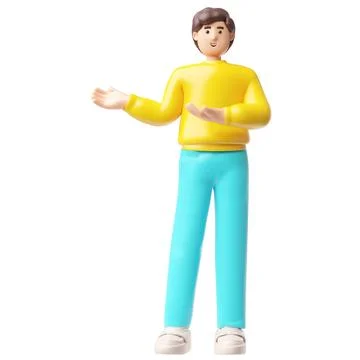 Brunette man standing in presenting pose explaining, showing, pointing hand, 3D Illustrazione stock